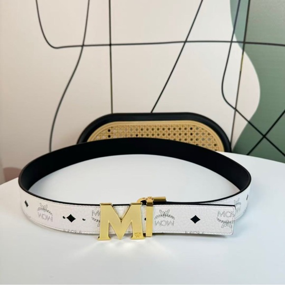 MCM White Belt with Gold M Buckle